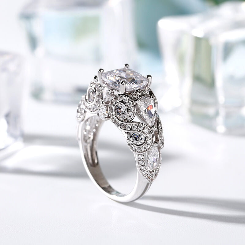 Eclet Jewels 2 Ct Cushion Cut Diamond Rings for Gifts - 14K White Gold Over Wedding Ring - Vintage Inspired Engagement Wedding Ring for Women's - Retro style Heavy Multi Diamond Rings for Women's