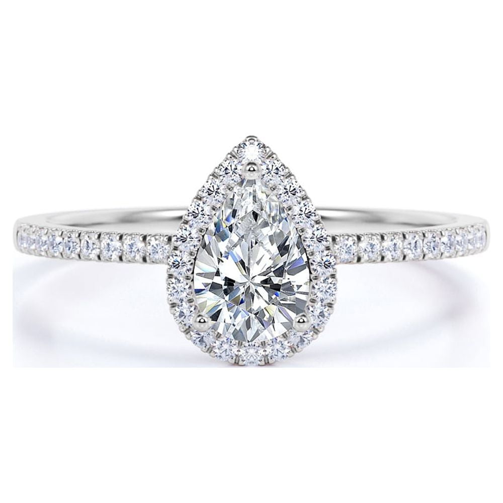 JeenMata Vintage Pear Shaped Diamond Halo Engagement Ring in 10K White Gold