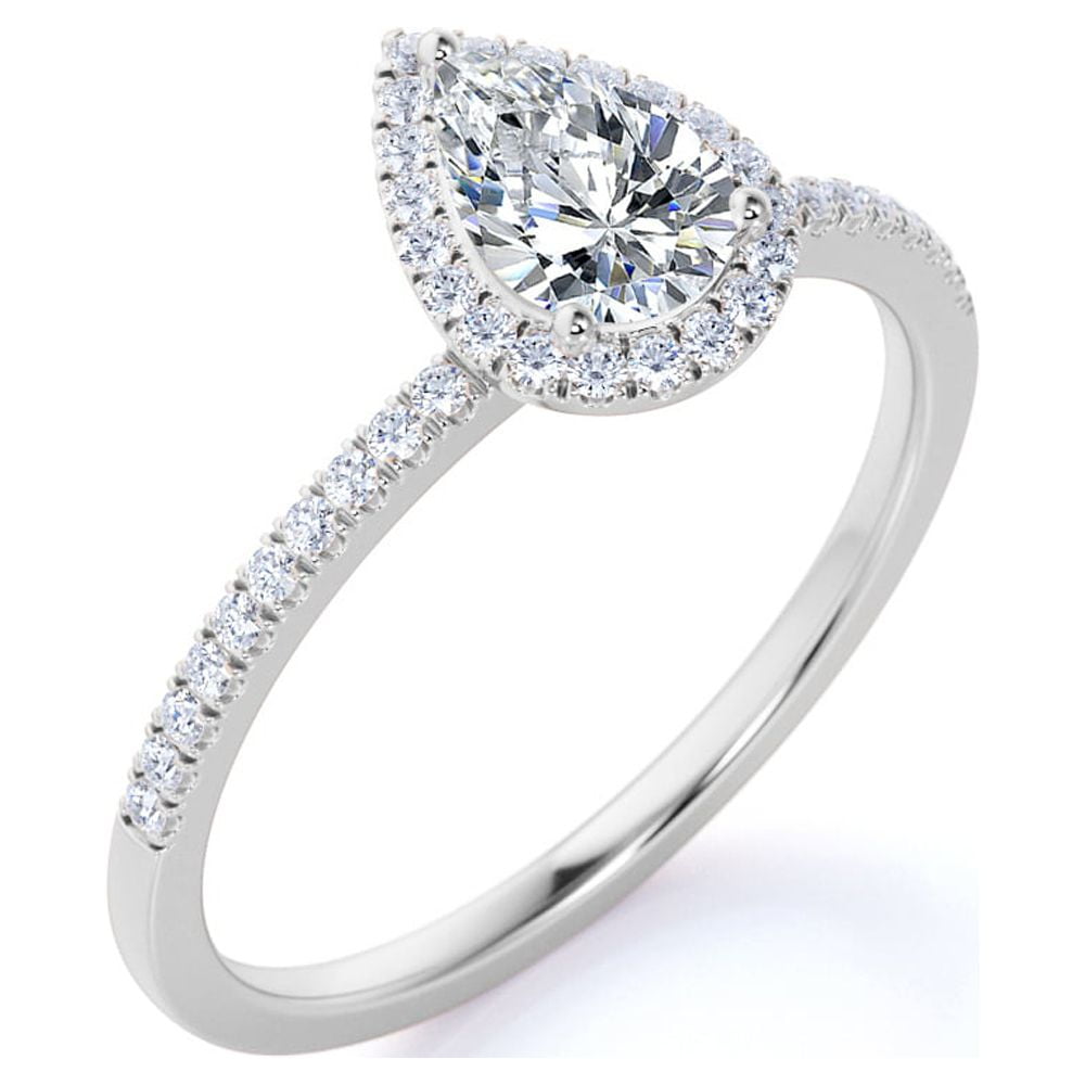 JeenMata Vintage Pear Shaped Diamond Halo Engagement Ring in 10K White Gold