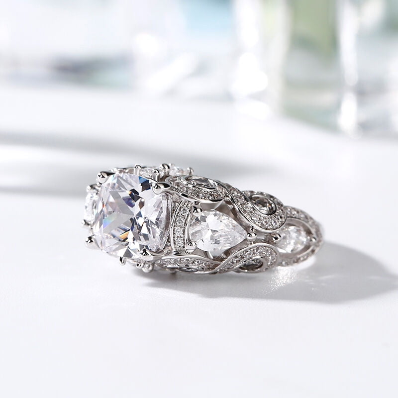 Eclet Jewels 2 Ct Cushion Cut Diamond Rings for Gifts - 14K White Gold Over Wedding Ring - Vintage Inspired Engagement Wedding Ring for Women's - Retro style Heavy Multi Diamond Rings for Women's