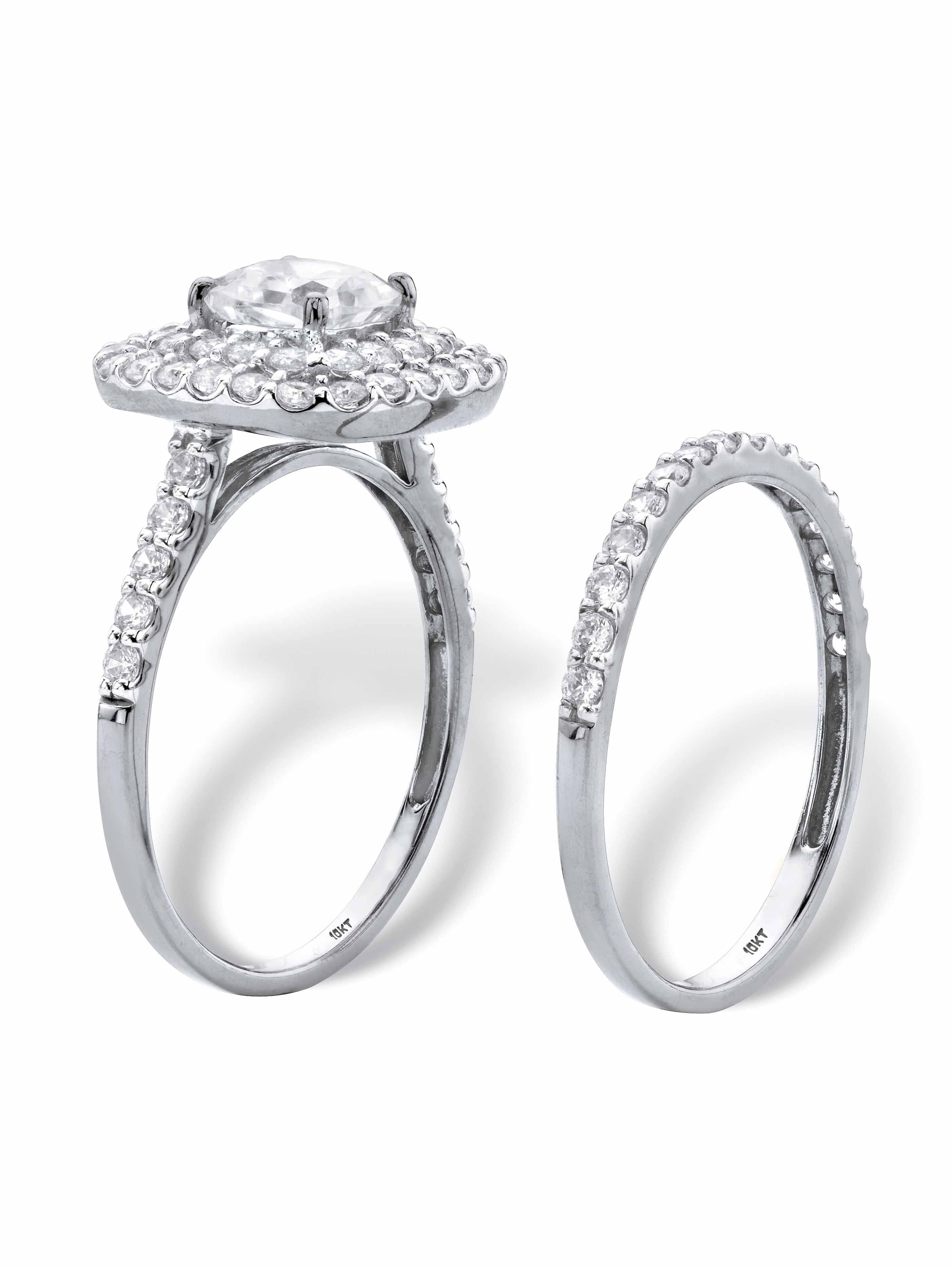 PalmBeach Jewelry Cushion-Cut Cubic Zirconia Double Halo 2-Piece Wedding Ring Set 1.95 TCW in Solid 10k White Gold