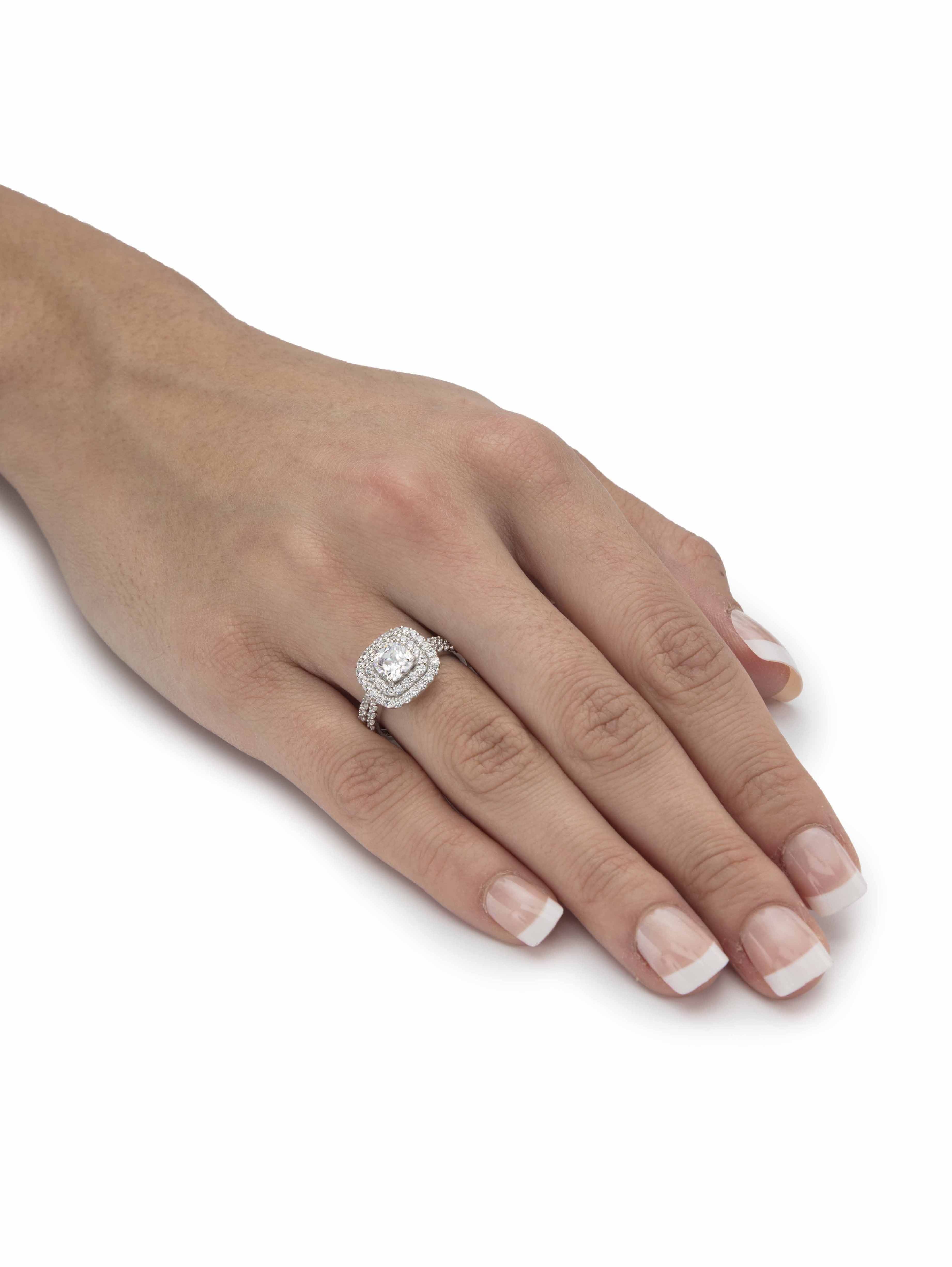 PalmBeach Jewelry Cushion-Cut Cubic Zirconia Double Halo 2-Piece Wedding Ring Set 1.95 TCW in Solid 10k White Gold