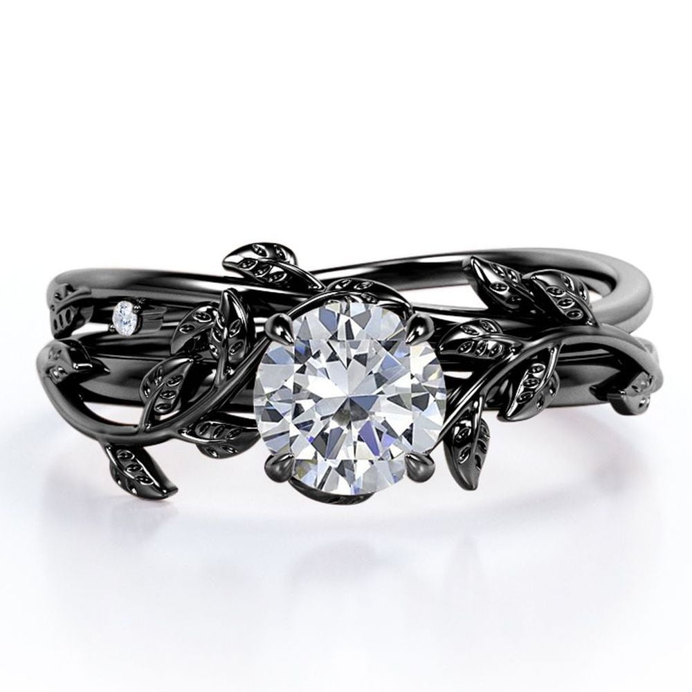 JeenMata 1 Carat Round Shape - Tree Leaves Design Wedding Set - Nature Inspired Bridal Ring - 18K White Gold Plating over Silver