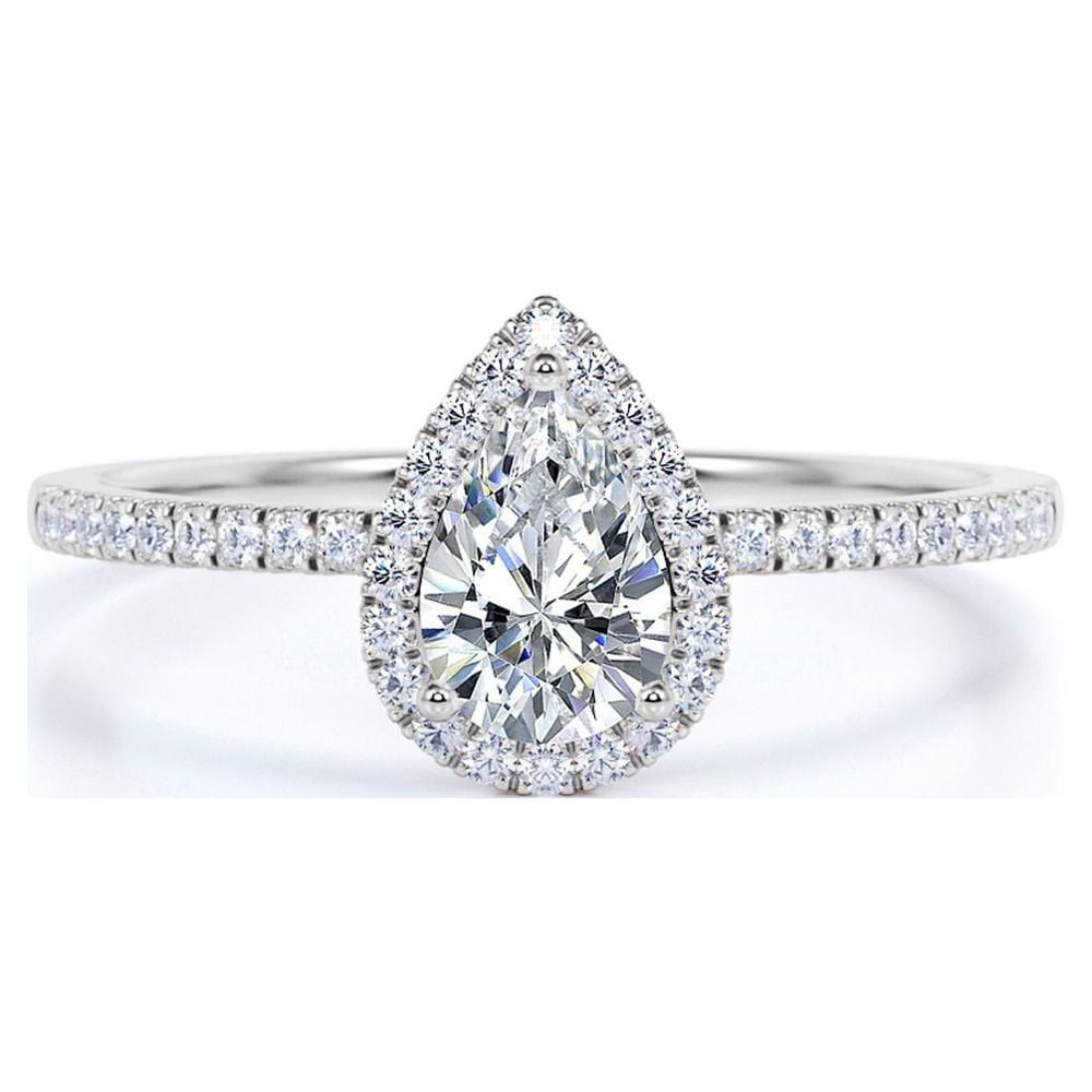 JeenMata Vintage Pear Shaped Diamond Halo Engagement Ring in 10K White Gold