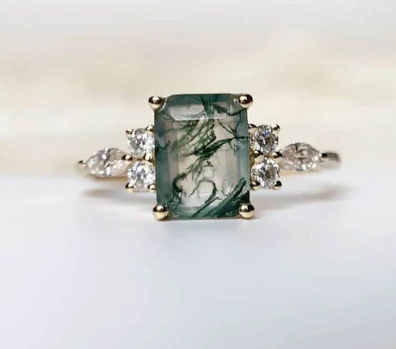 Octagon Moss Agate Gemstone 925 Silver Solitaire Engagement Ring, Promise Statement Band, Birthday and Anniversary Gift, Bridal Bridesmaid Cluster Rings Gold Plated-9.5