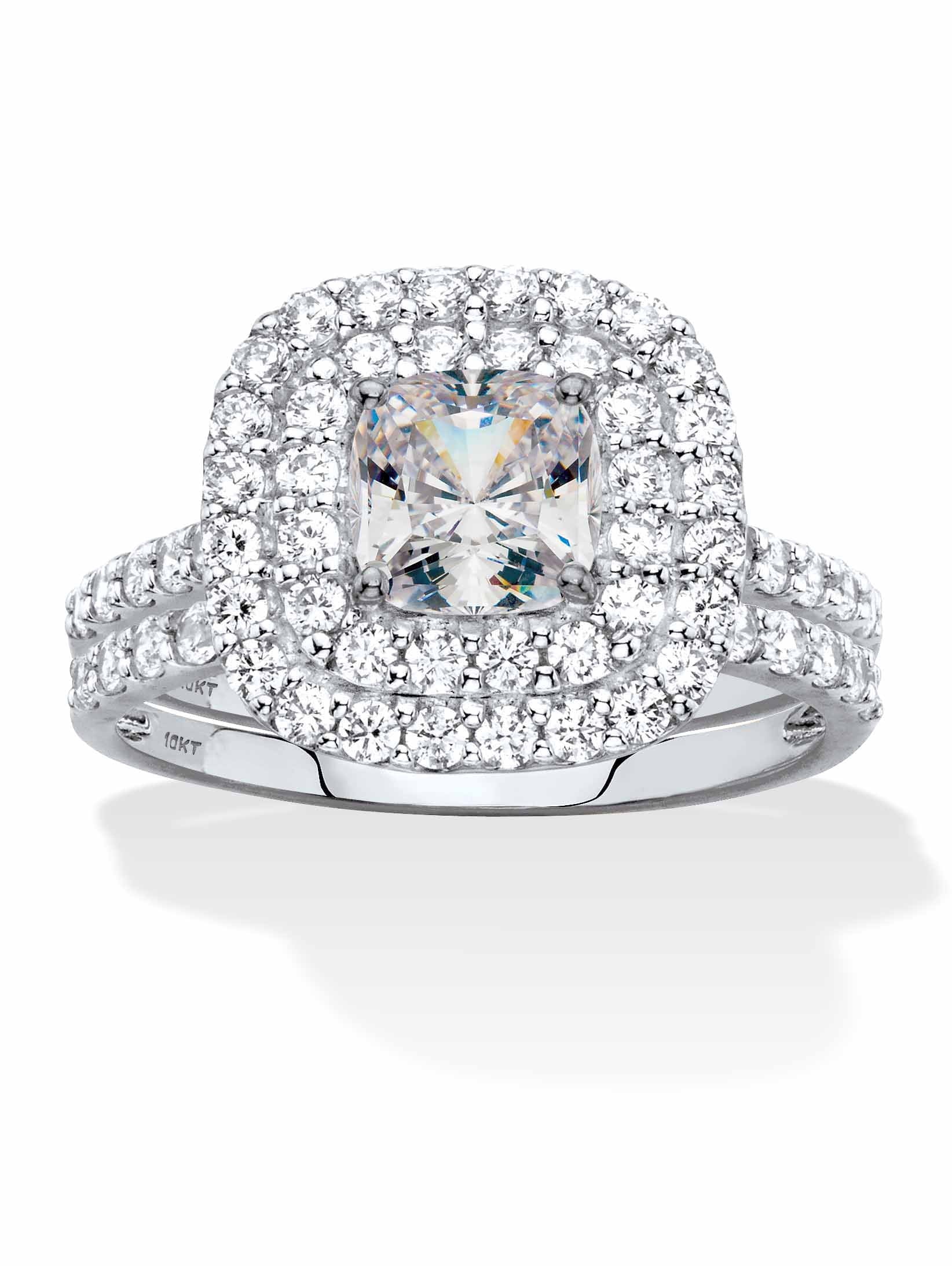 PalmBeach Jewelry Cushion-Cut Cubic Zirconia Double Halo 2-Piece Wedding Ring Set 1.95 TCW in Solid 10k White Gold